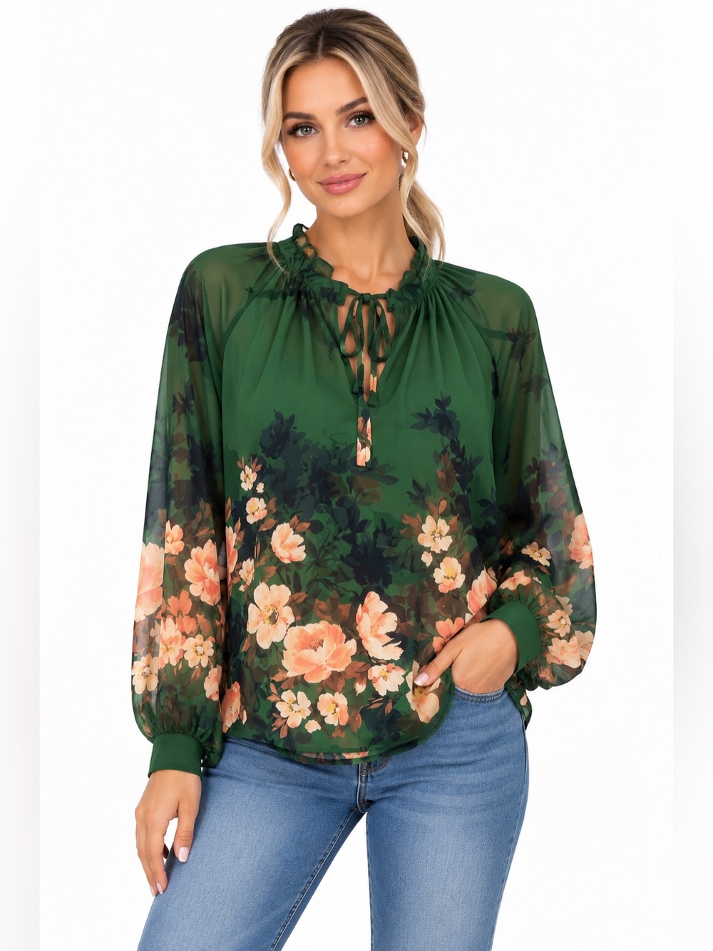 Emerald Floral Tie-Neck Chiffon Blouse
